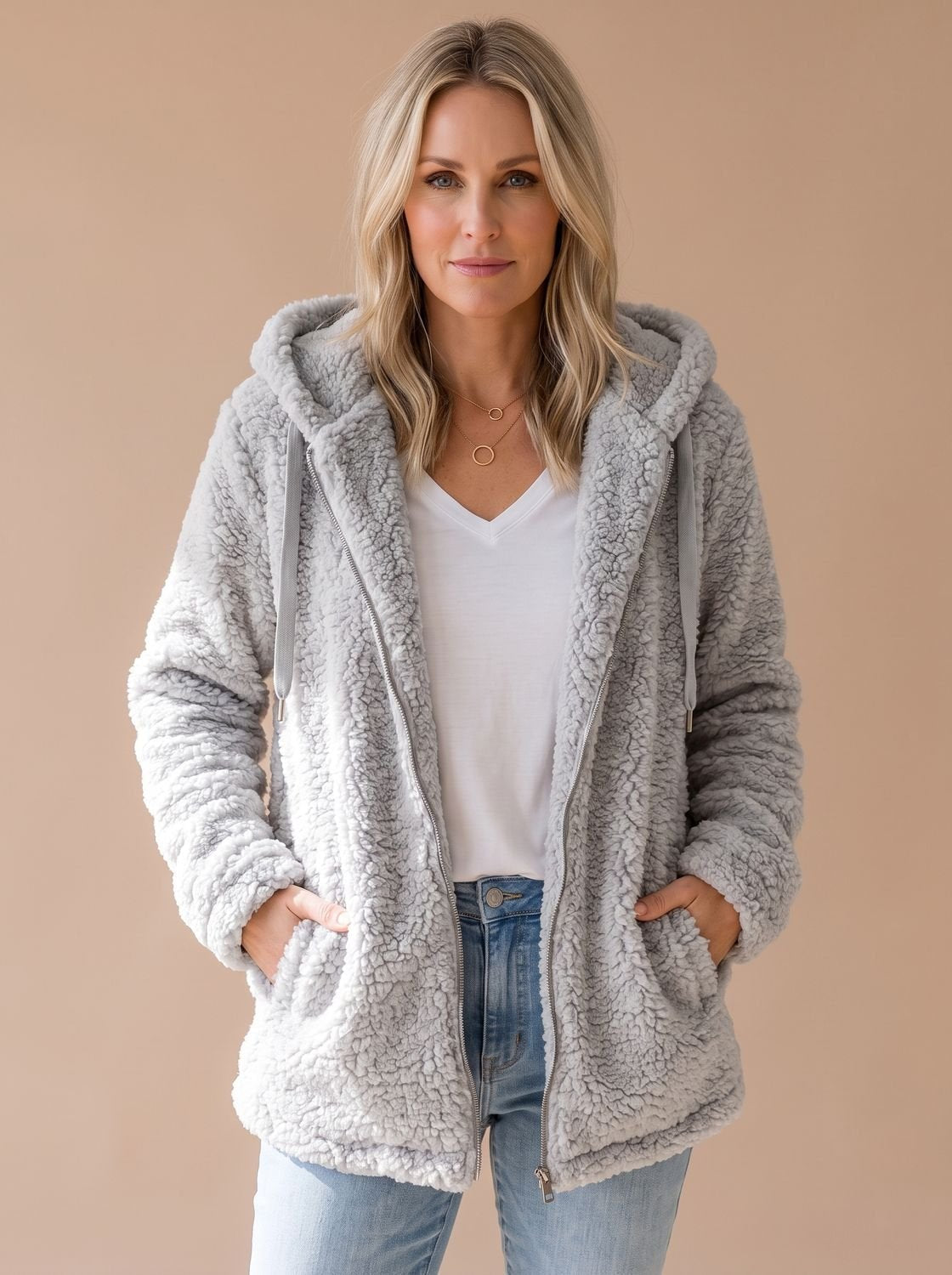 Evelyn | Women's Oversized Hooded Teddy Fleece Zip-Up Coat