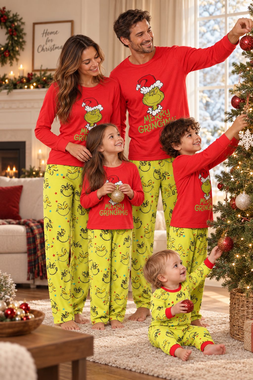 Family Christmas Pajamas, Cartoon Print Matching Sets