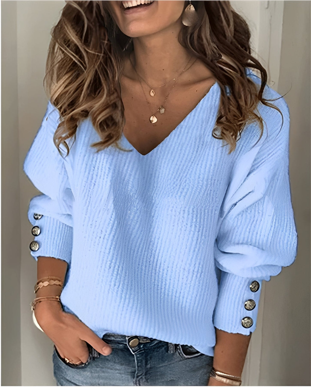 Fiona | Women's V-Neck Button Sleeve Knit Sweater
