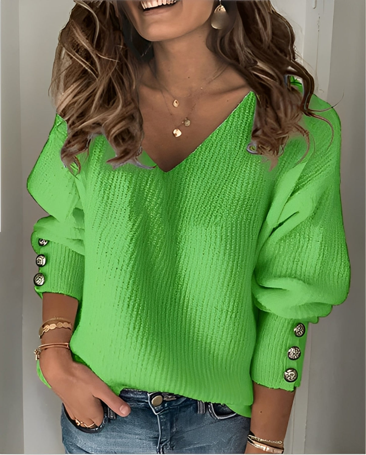 Fiona | Women's V-Neck Button Sleeve Knit Sweater