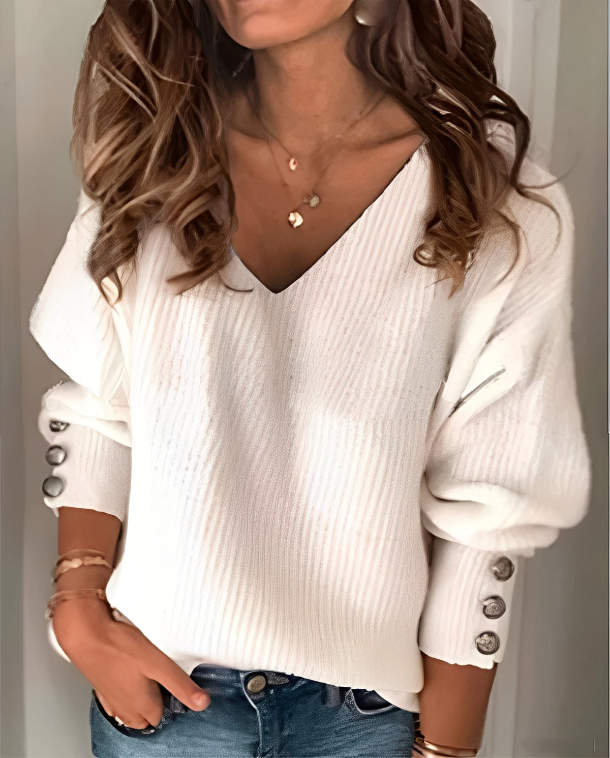 Fiona | Women's V-Neck Button Sleeve Knit Sweater