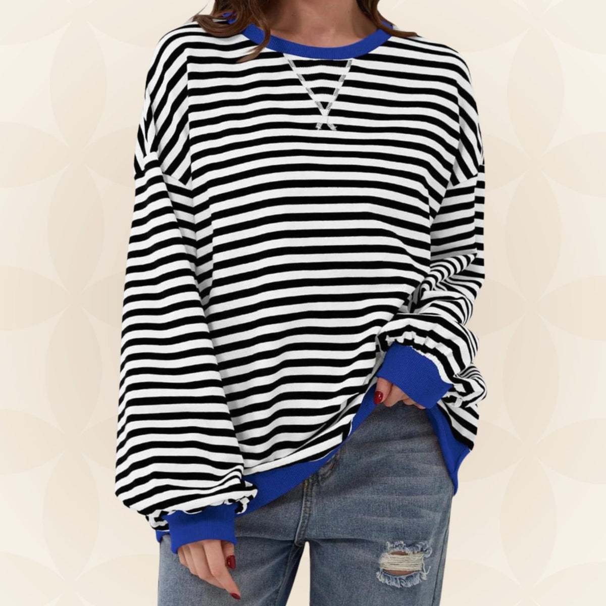 Genevieve | Women's Striped Contrast Trim Oversized Sweatshirt