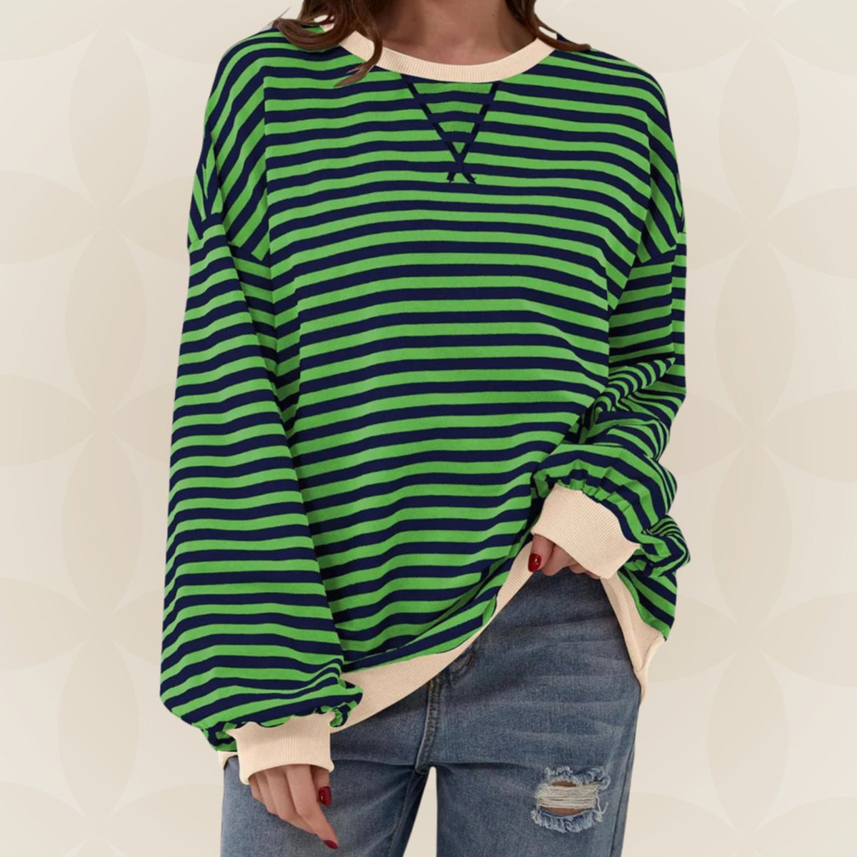 Genevieve | Women's Striped Contrast Trim Oversized Sweatshirt