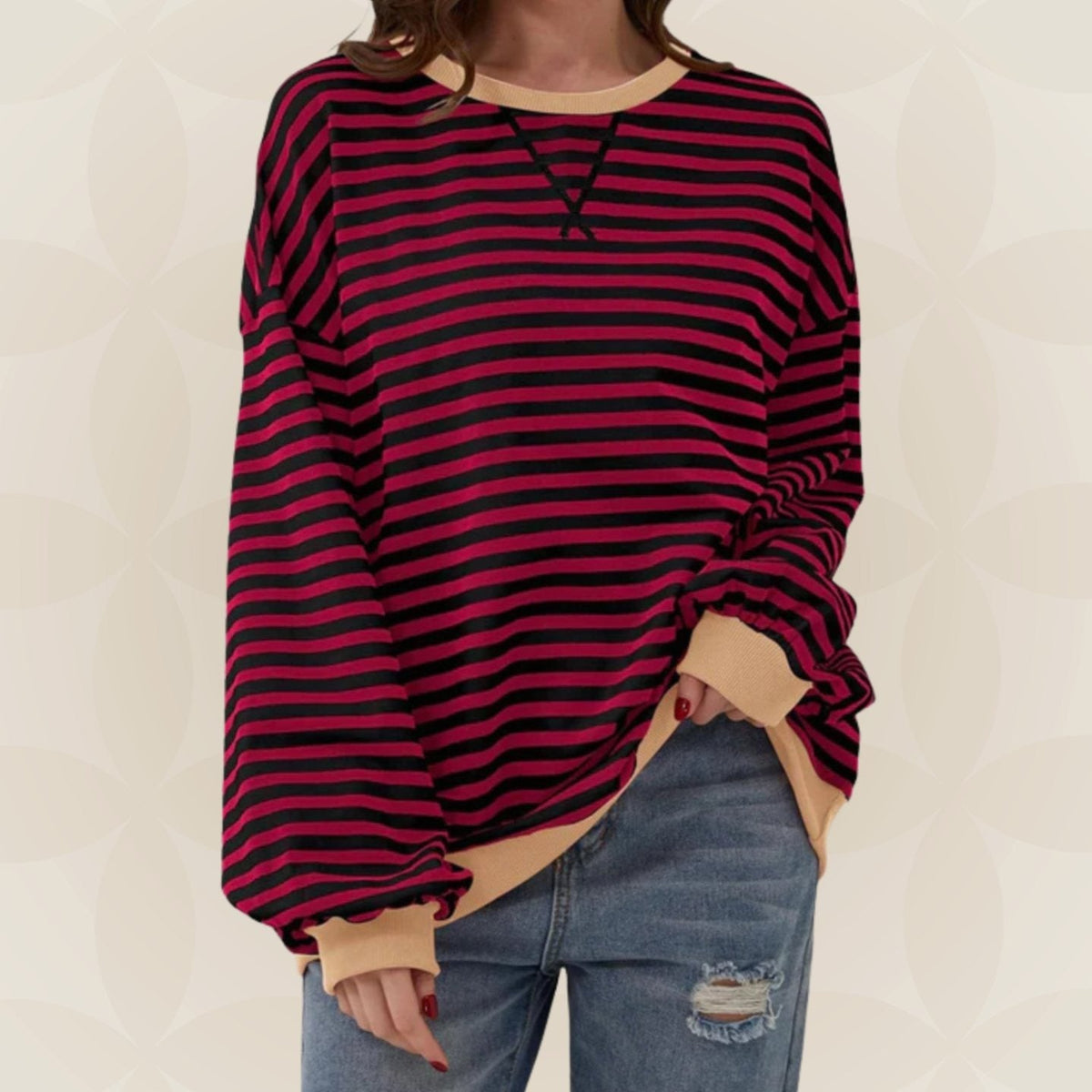 Genevieve | Women's Striped Contrast Trim Oversized Sweatshirt