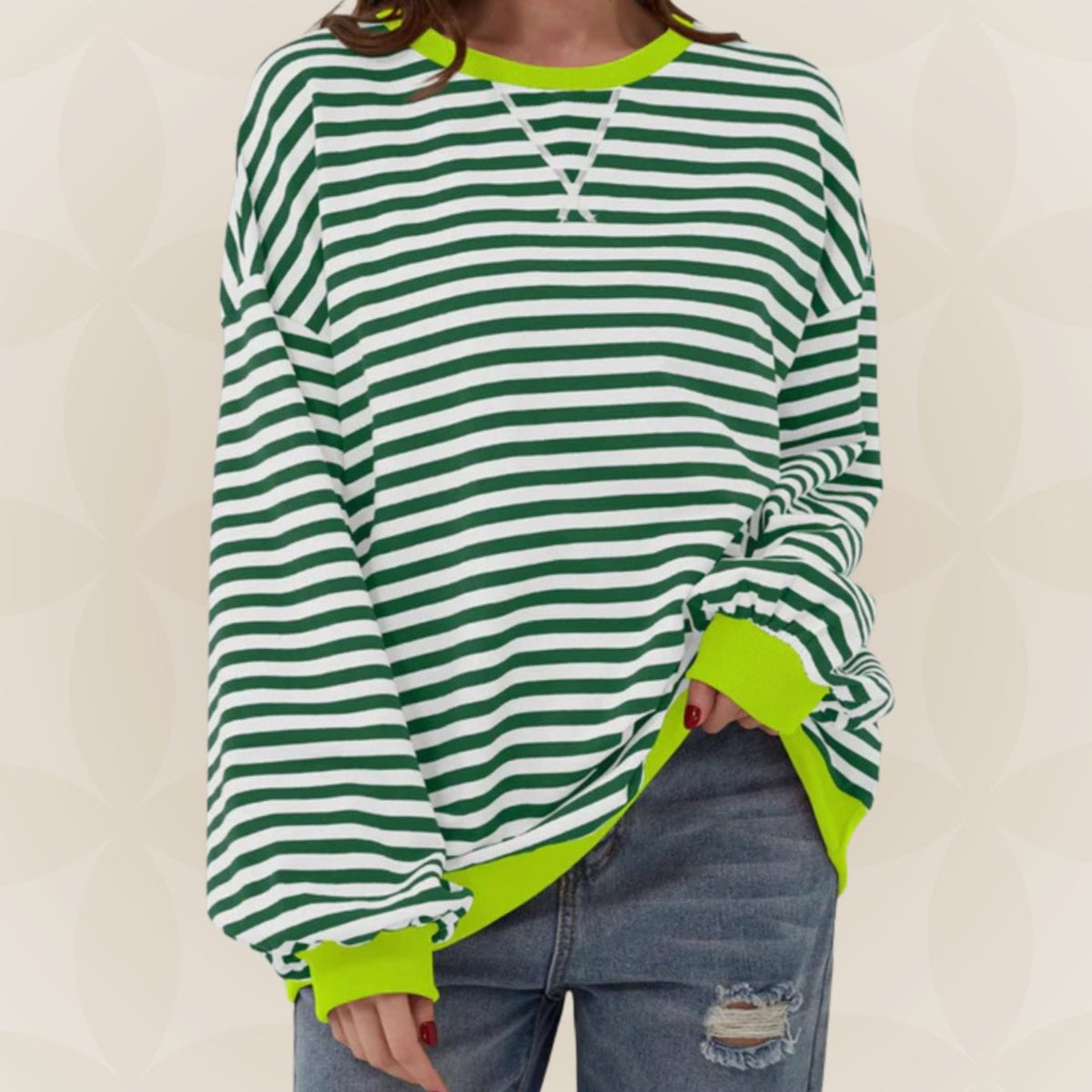 Genevieve | Women's Striped Contrast Trim Oversized Sweatshirt