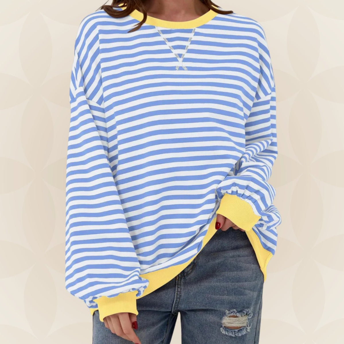 Genevieve | Women's Striped Contrast Trim Oversized Sweatshirt