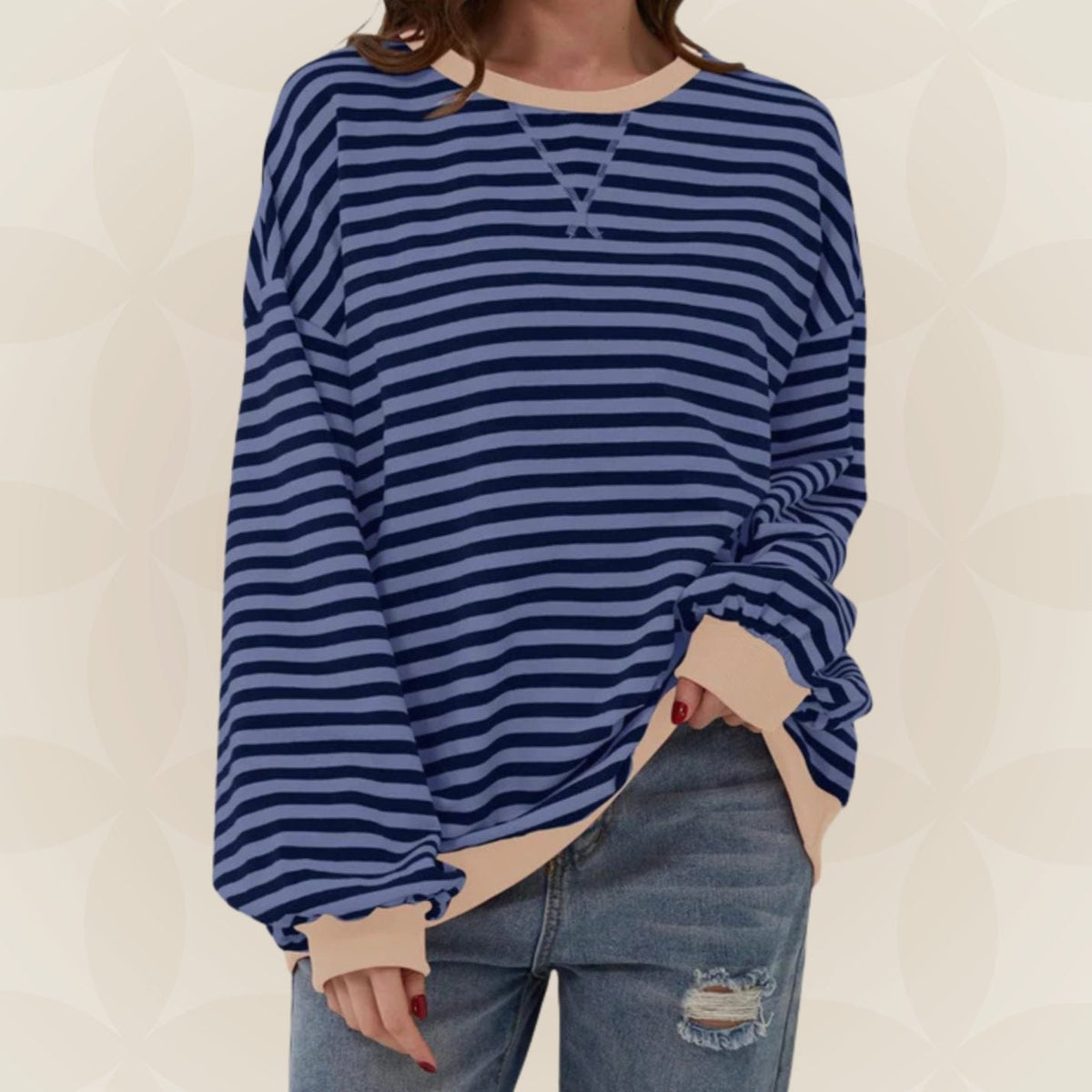 Genevieve | Women's Striped Contrast Trim Oversized Sweatshirt
