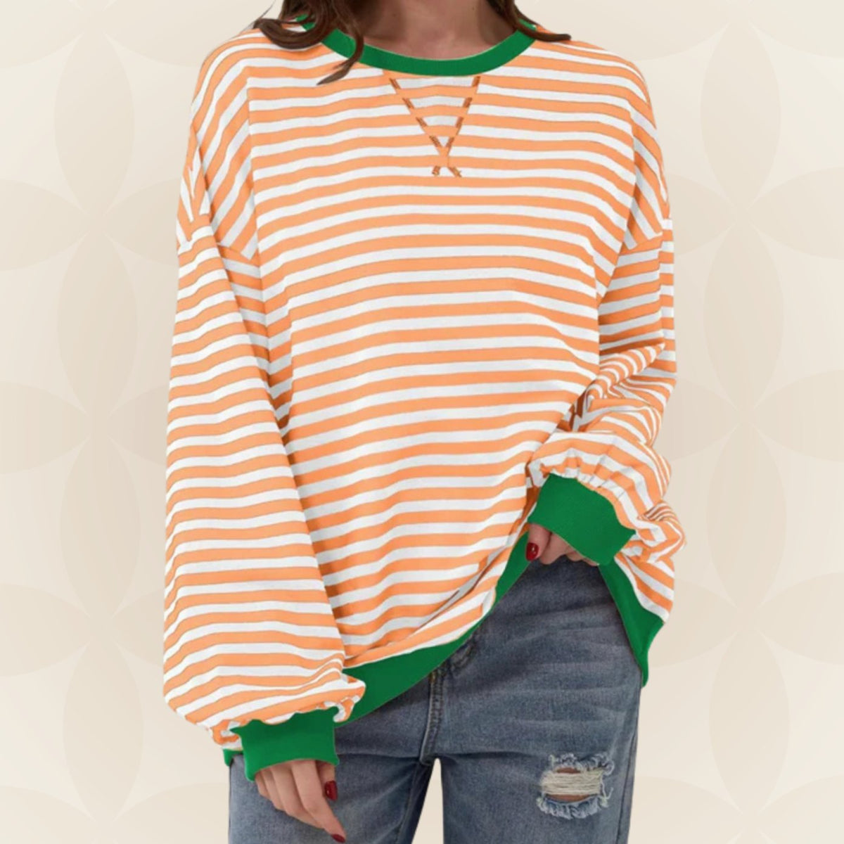 Genevieve | Women's Striped Contrast Trim Oversized Sweatshirt