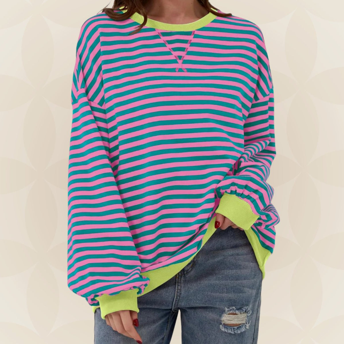 Genevieve | Women's Striped Contrast Trim Oversized Sweatshirt
