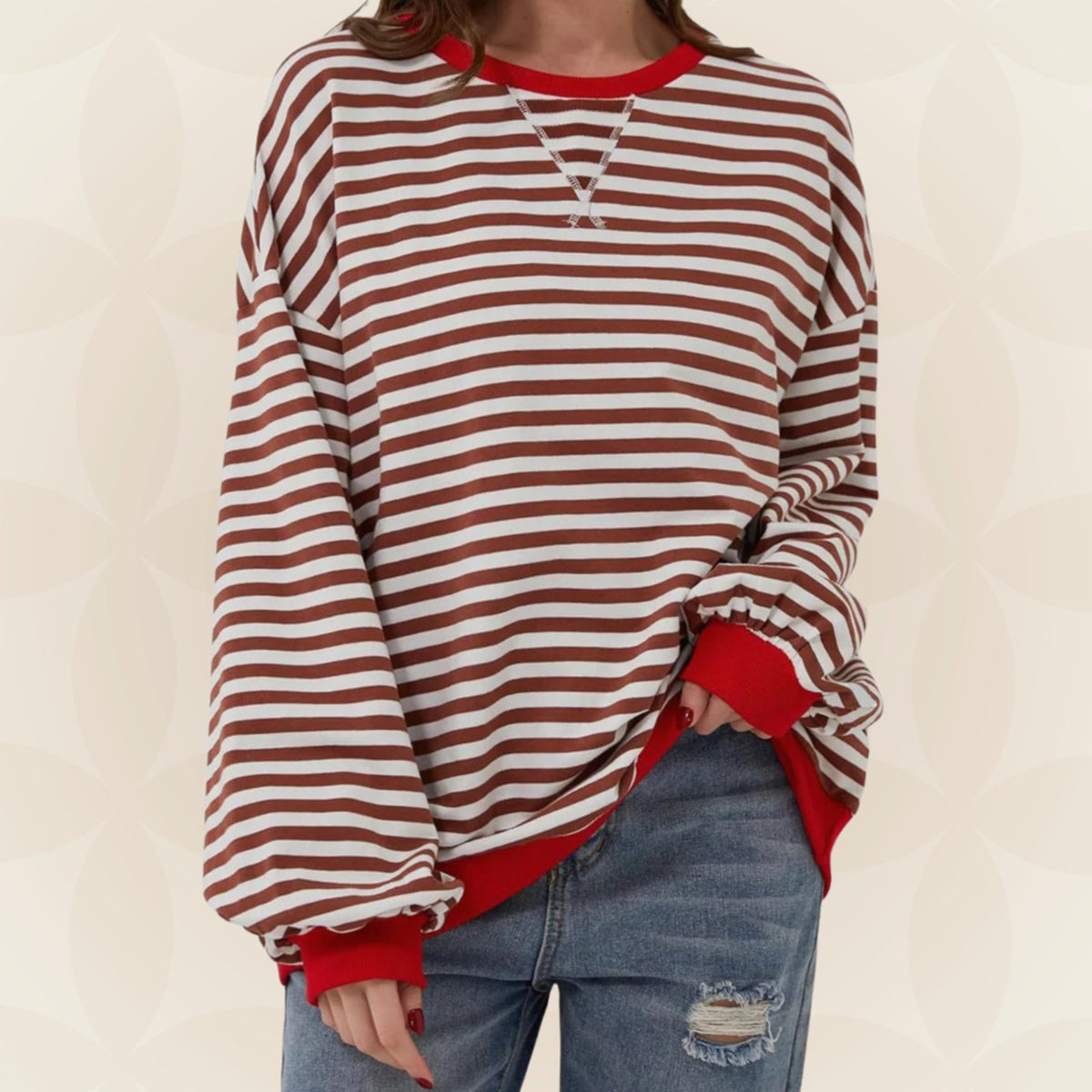 Genevieve | Women's Striped Contrast Trim Oversized Sweatshirt