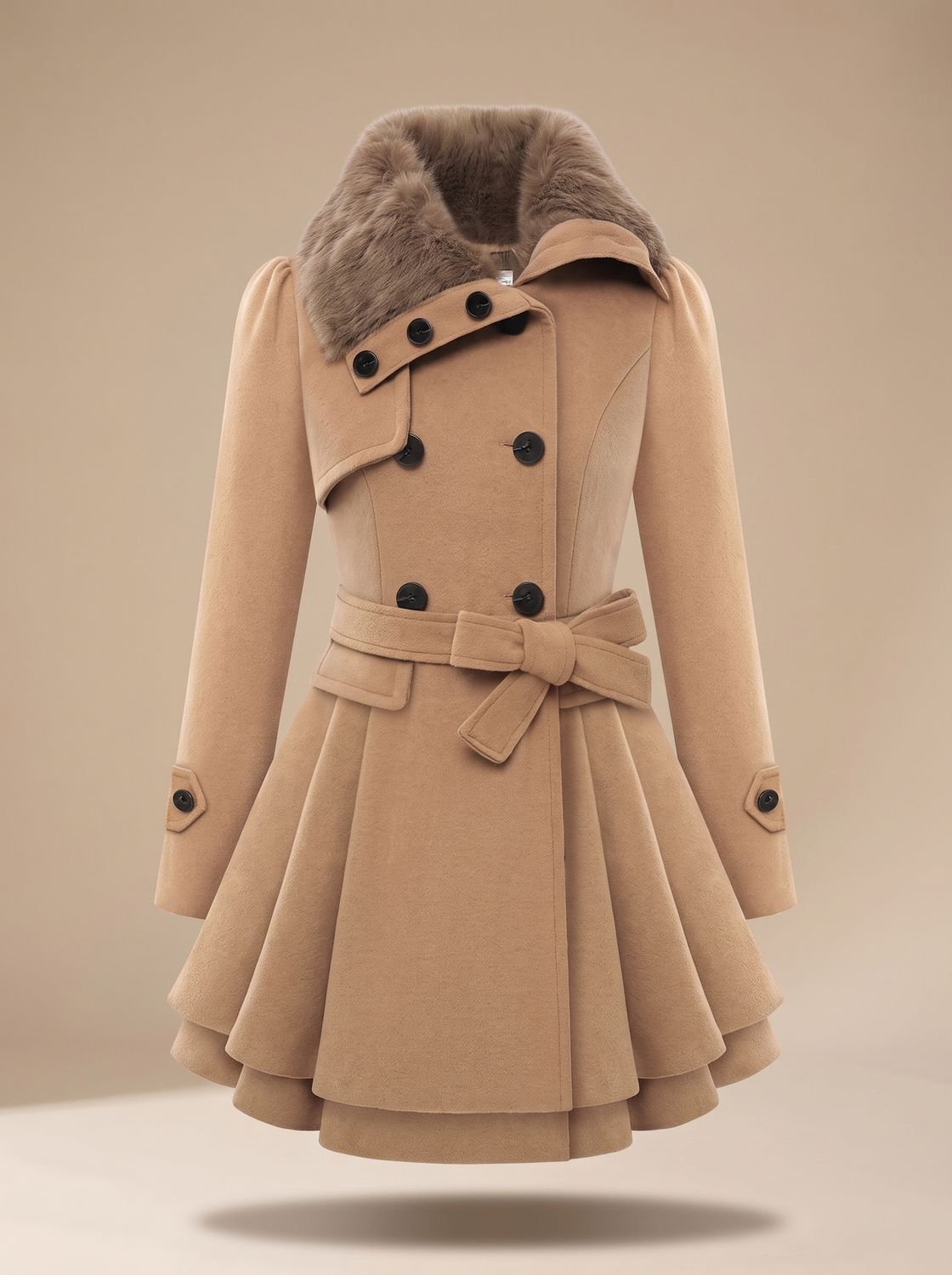 Grace | Women's Double-Breasted Faux Fur Collar Belted Wool-Blend Coat