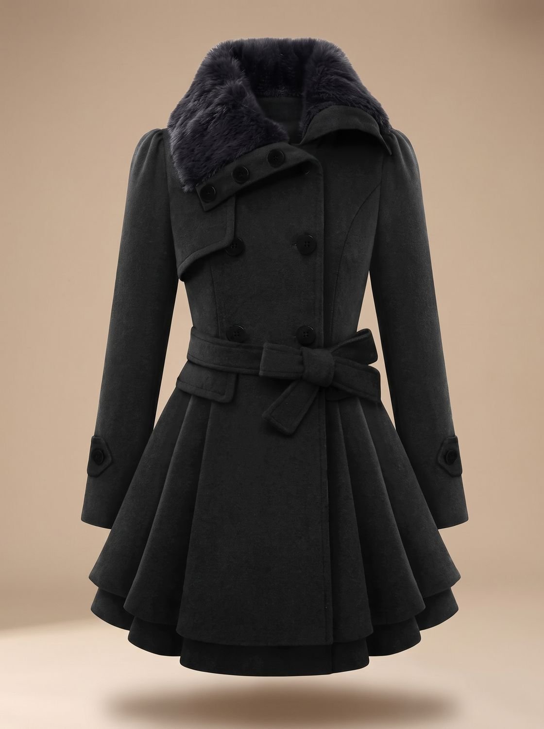 Grace | Women's Double-Breasted Faux Fur Collar Belted Wool-Blend Coat