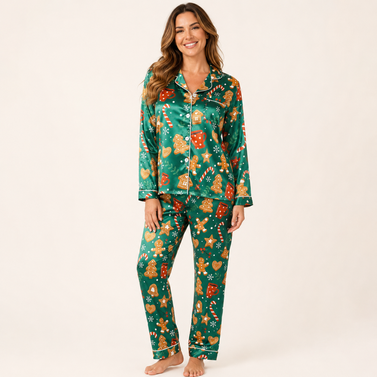 Green Satin Christmas Pajama Set for Women, Print Two Piece