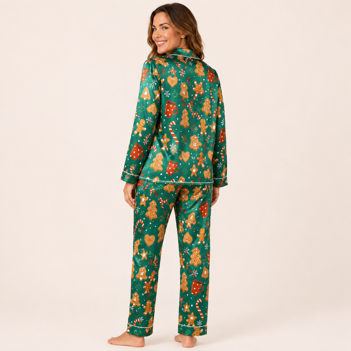 Green Satin Christmas Pajama Set for Women, Print Two Piece