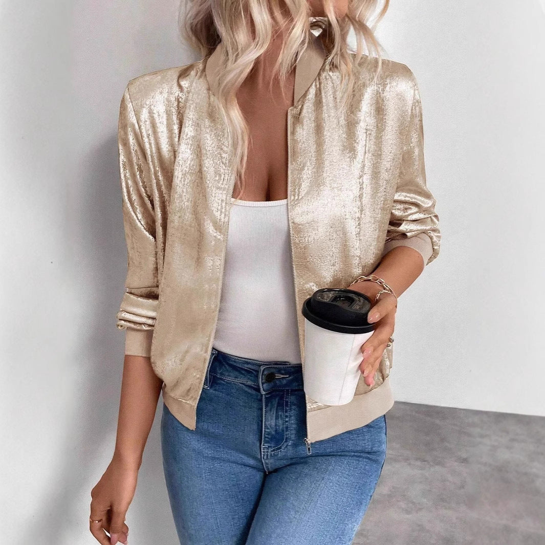 Harlow | Women's Metallic Zip-Up Bomber Jacket