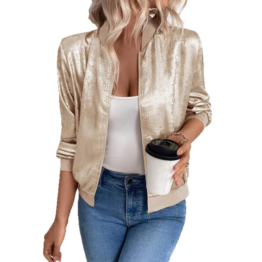 Harlow | Women's Metallic Zip-Up Bomber Jacket