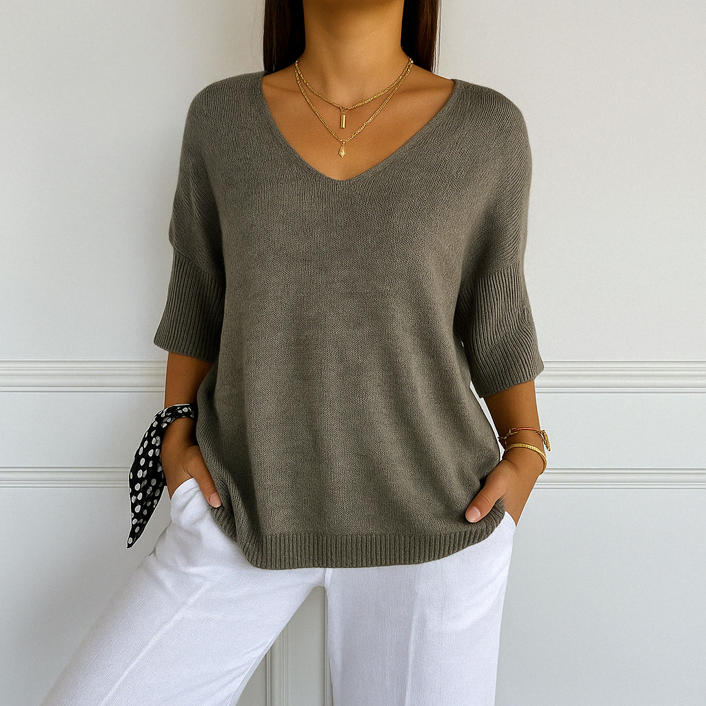 Harriet | Women's V-Neck Short Sleeve Relaxed Fit Sweater