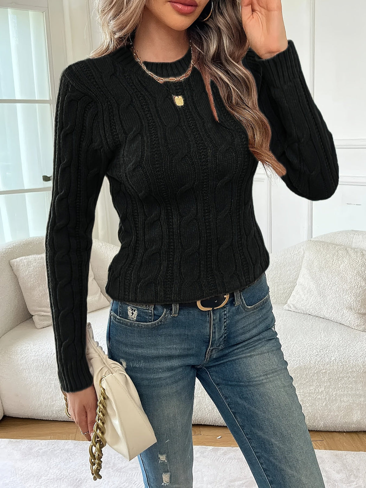 Ines | Women's Fitted Cable Knit Crew Neck Sweater