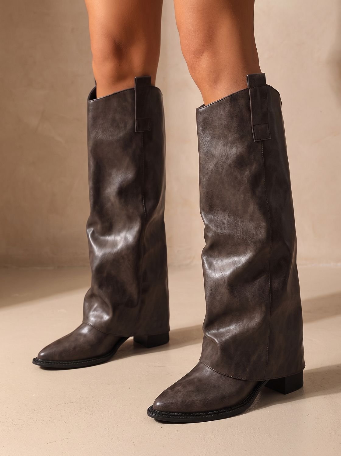 Isabella | Women's Knee-High Faux Leather Slip-On Block Heel Western Boots
