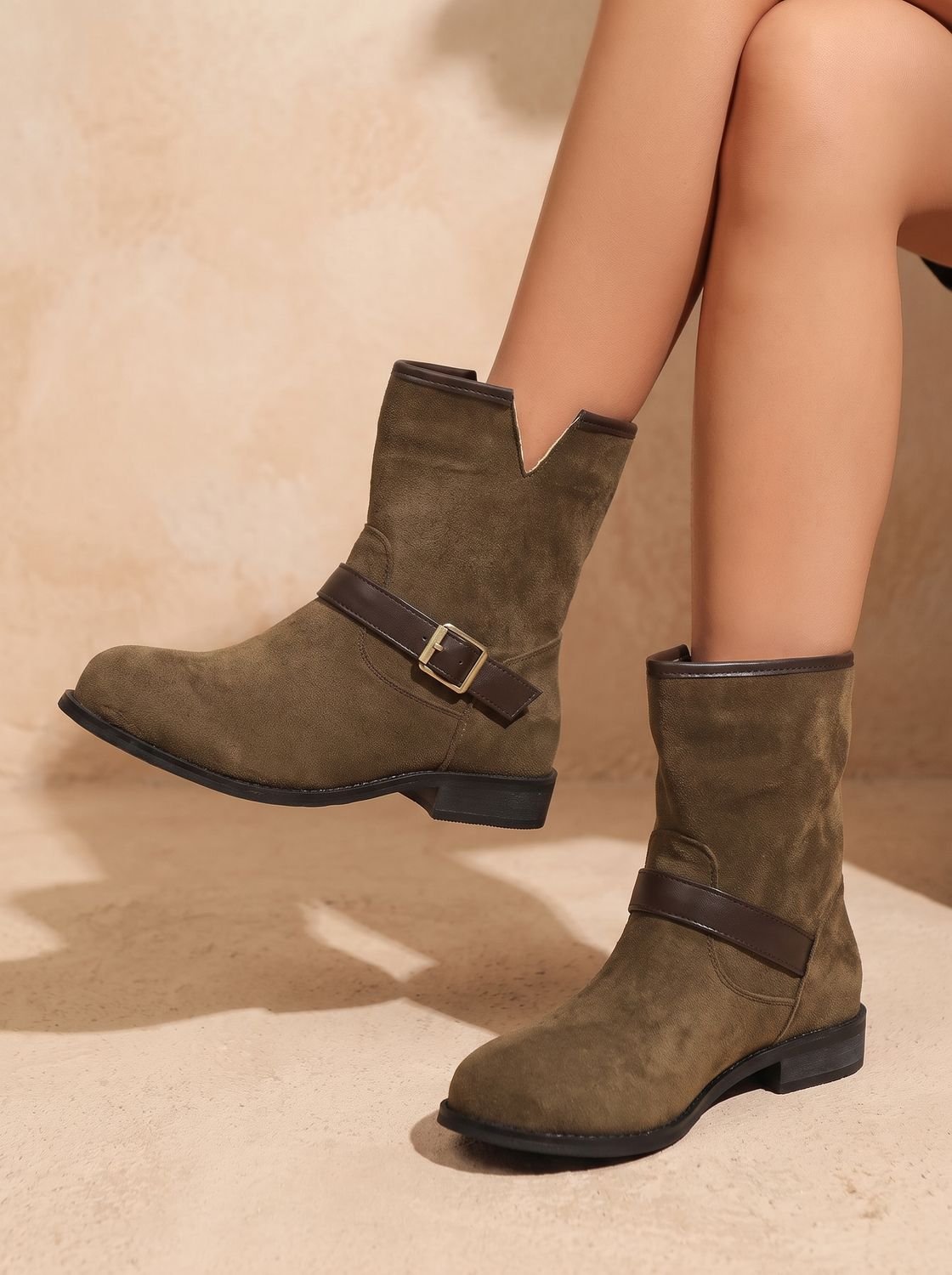 Isabella | Women's Suede Slip-On Ankle Boots Buckle Strap Block Heel