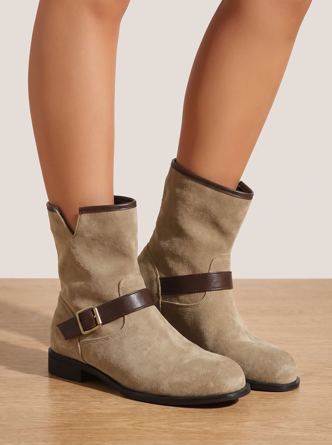 Isabella | Women's Suede Slip-On Ankle Boots Buckle Strap Block Heel