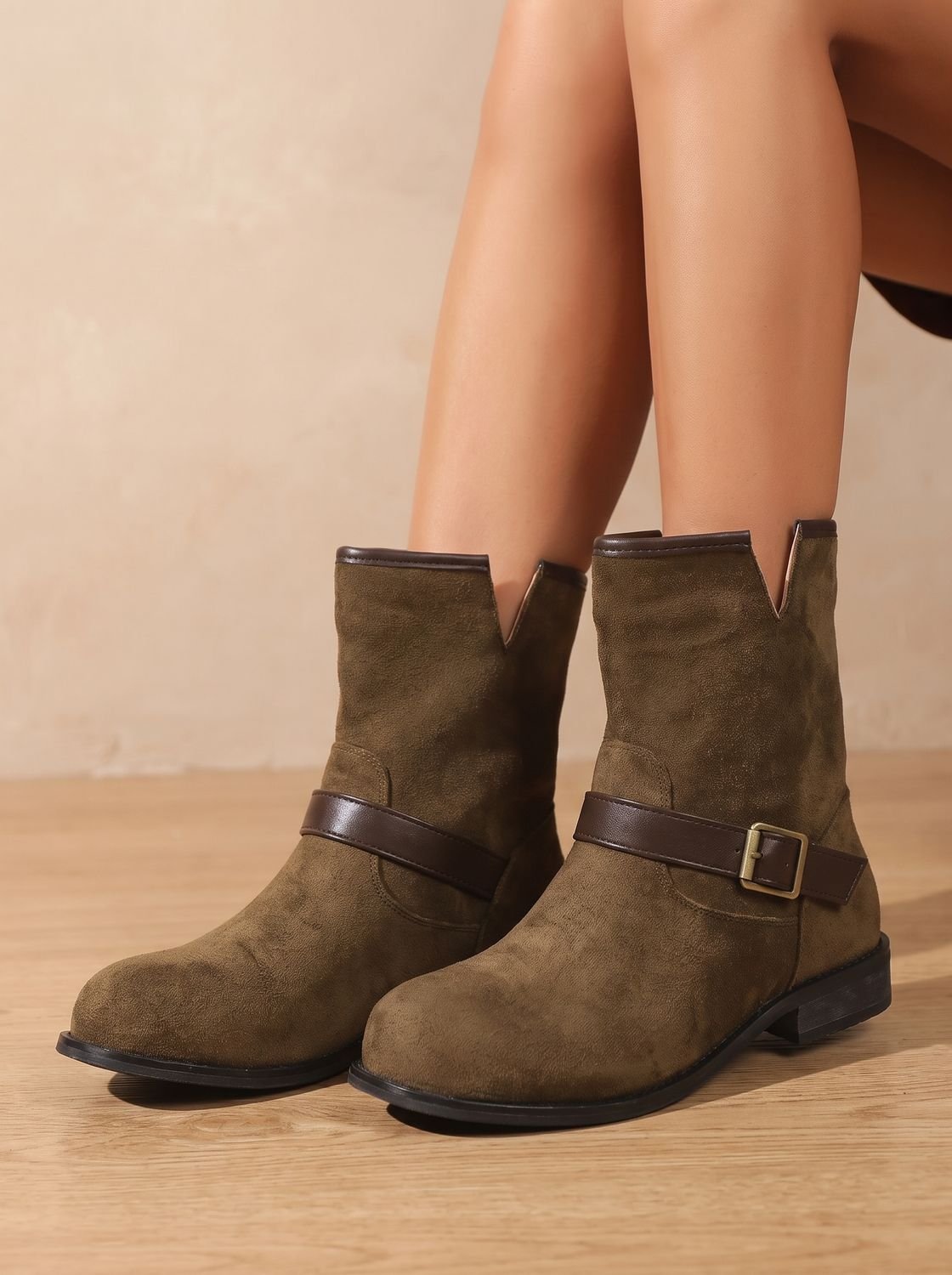 Isabella | Women's Suede Slip-On Ankle Boots Buckle Strap Block Heel