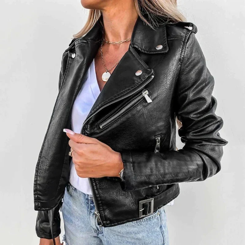 Larkin | Women's Belted Stand Collar Faux Leather Jacket