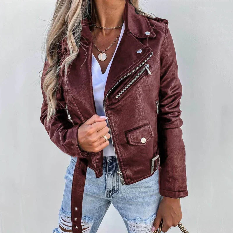 Larkin | Women's Belted Stand Collar Faux Leather Jacket