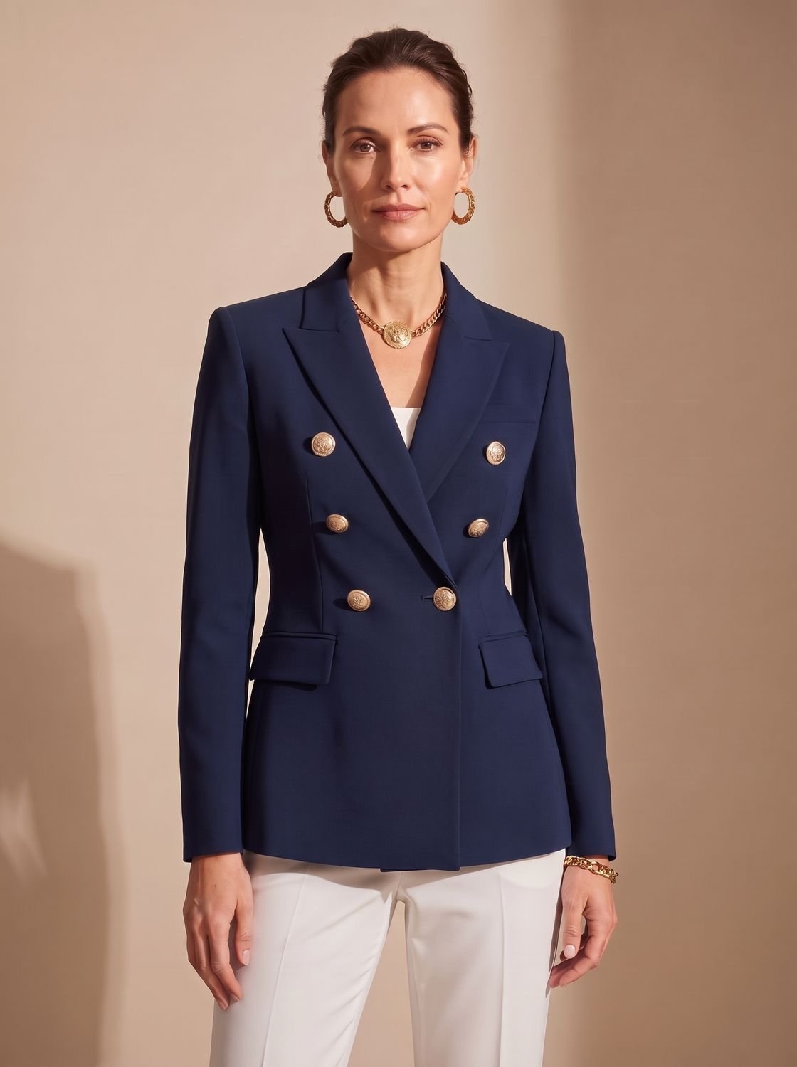 Layla | Women's Tailored Double-Breasted Gold-Button Blazer, Navy Blue