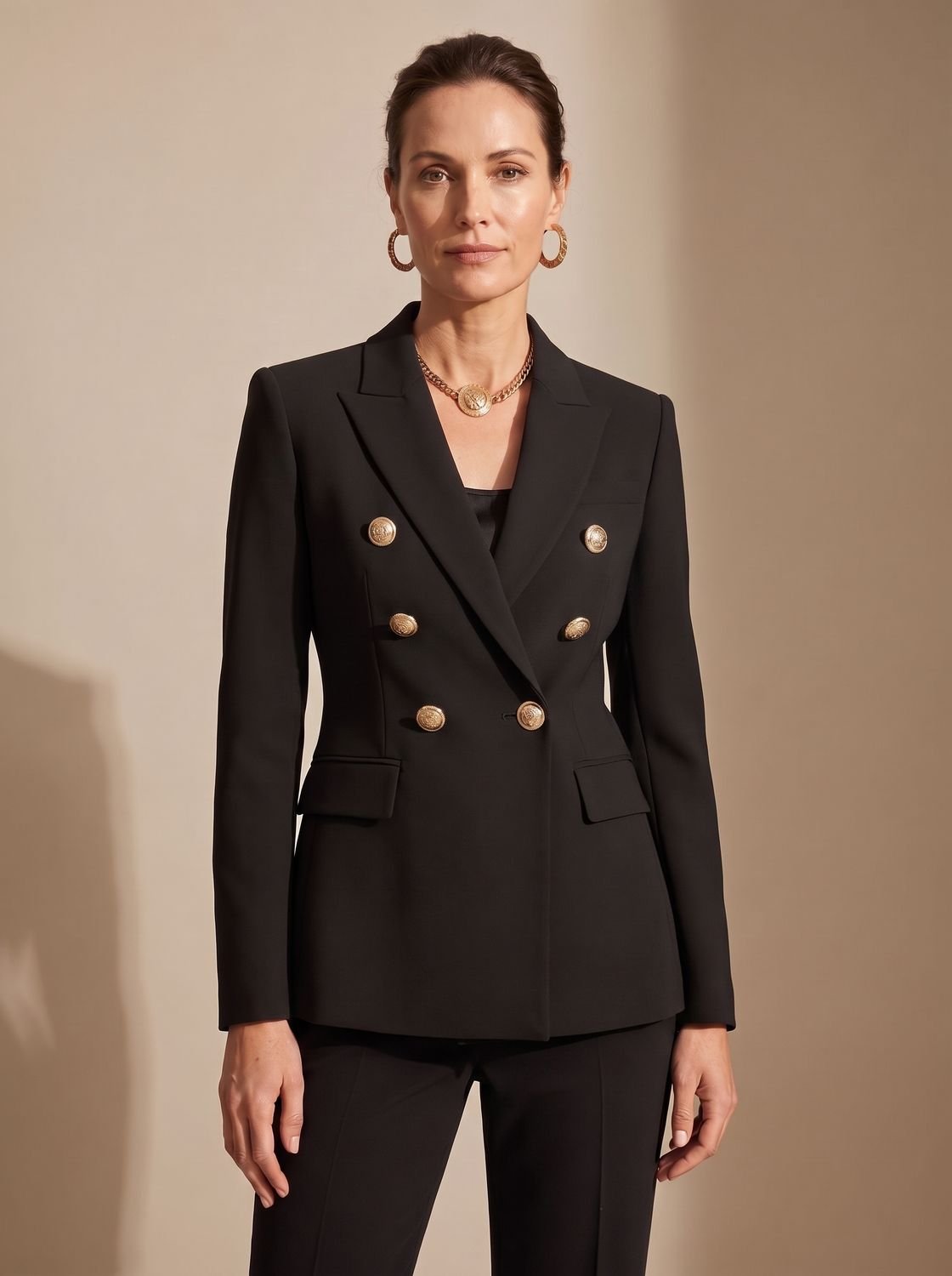 Layla | Women's Tailored Double-Breasted Gold-Button Blazer, Navy Blue