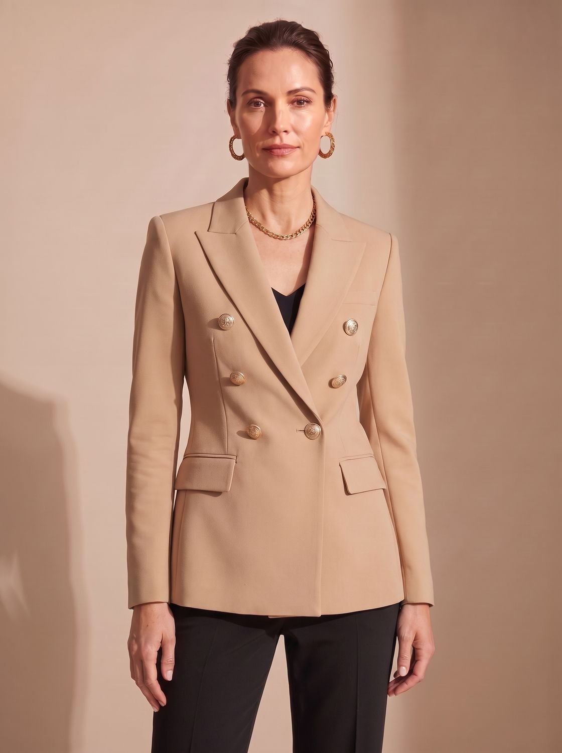 Layla | Women's Tailored Double-Breasted Gold-Button Blazer, Navy Blue