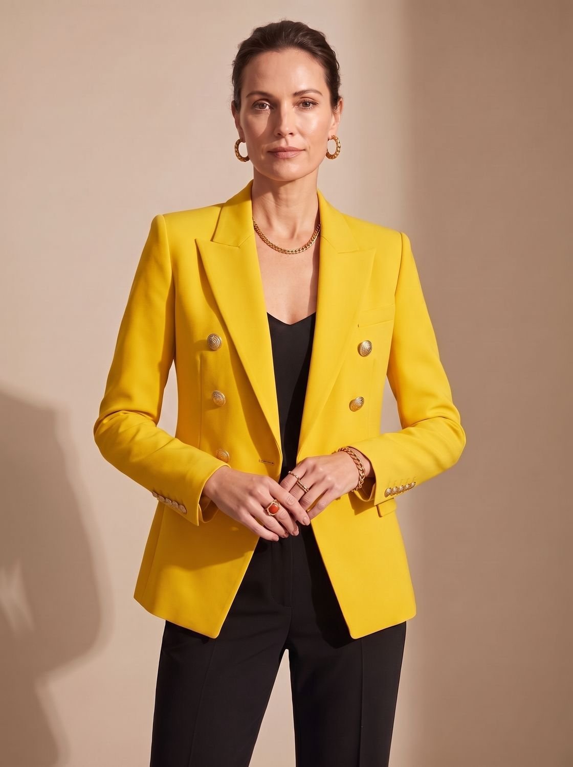Layla | Women's Tailored Double-Breasted Gold-Button Blazer, Navy Blue