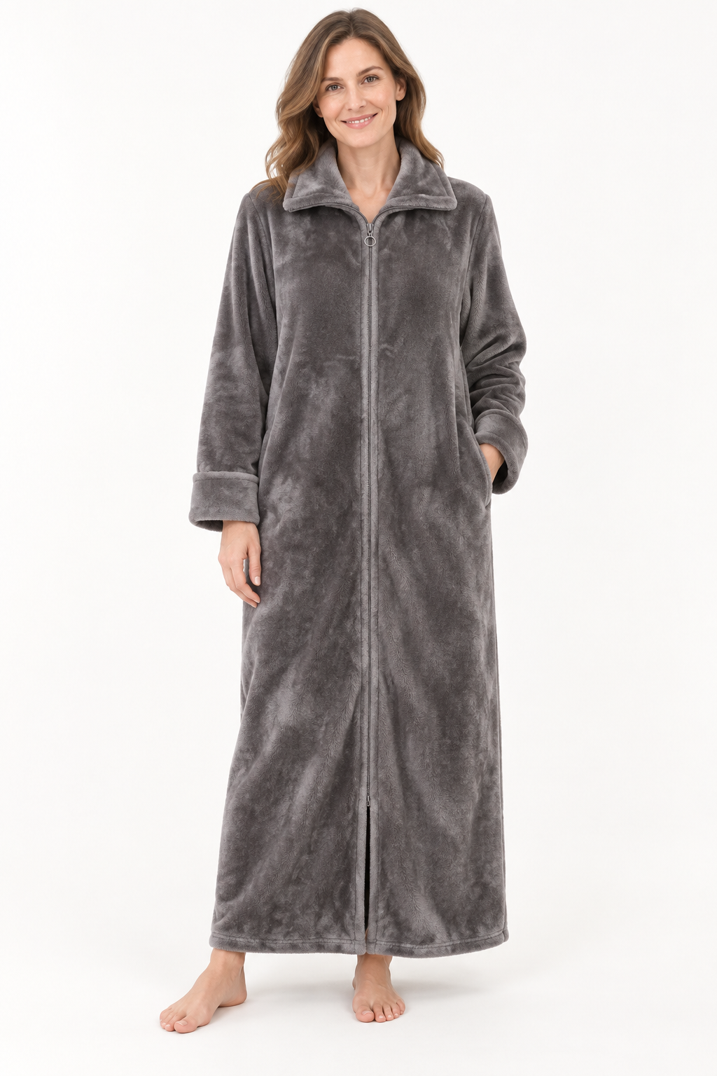 Long Zip-Front Flannel Fleece Robe for Women, Warm Housecoat
