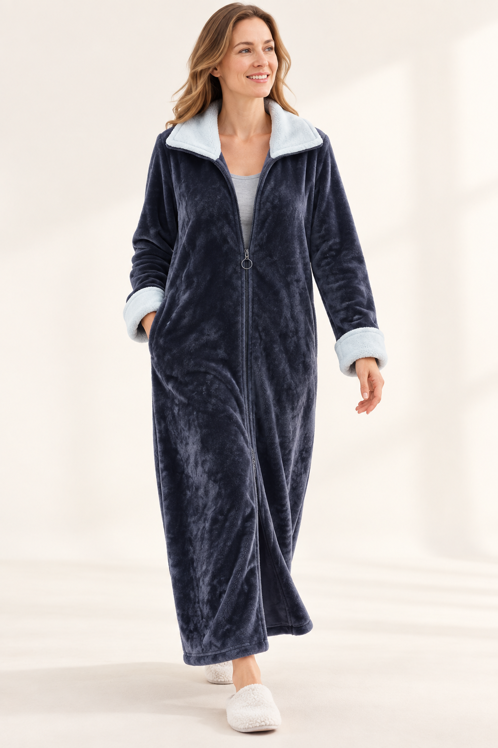 Long Zip-Front Flannel Fleece Robe for Women, Warm Housecoat