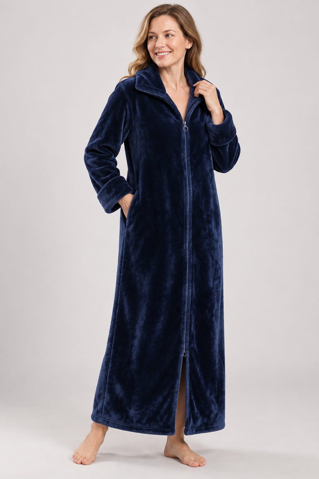 Long Zip-Front Flannel Fleece Robe for Women, Warm Housecoat