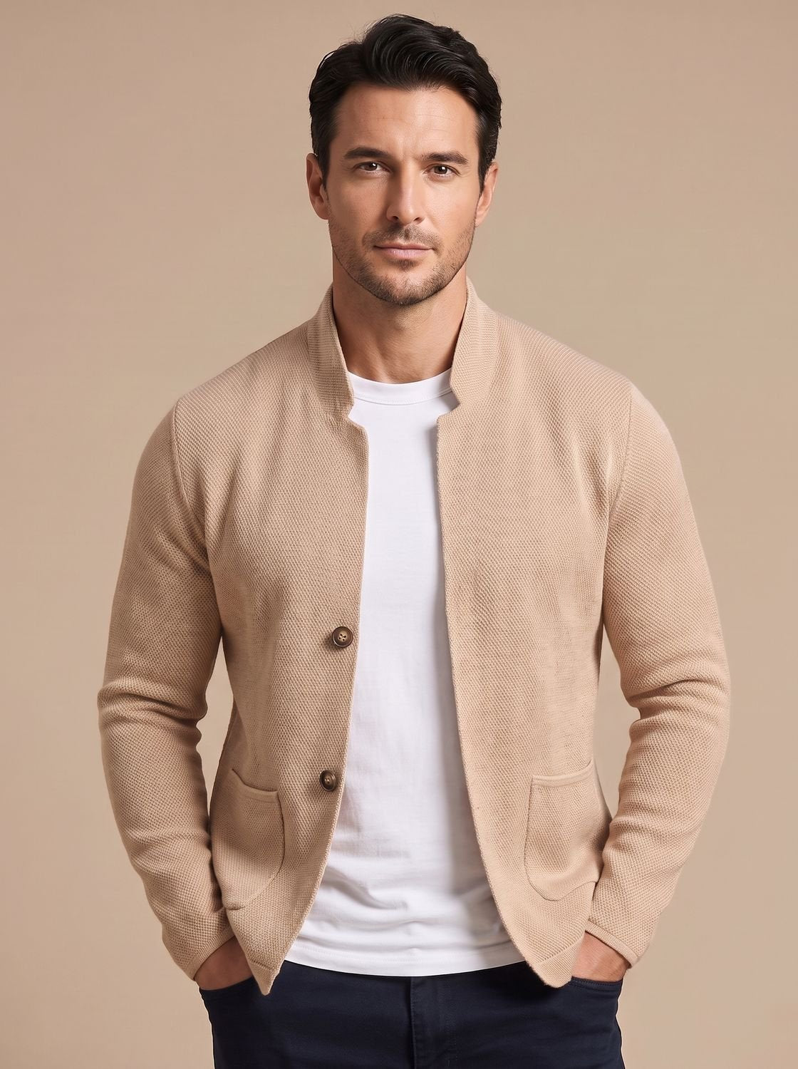 Lucas | Men's Textured Knit Button-Front Stand-Collar Cardigan