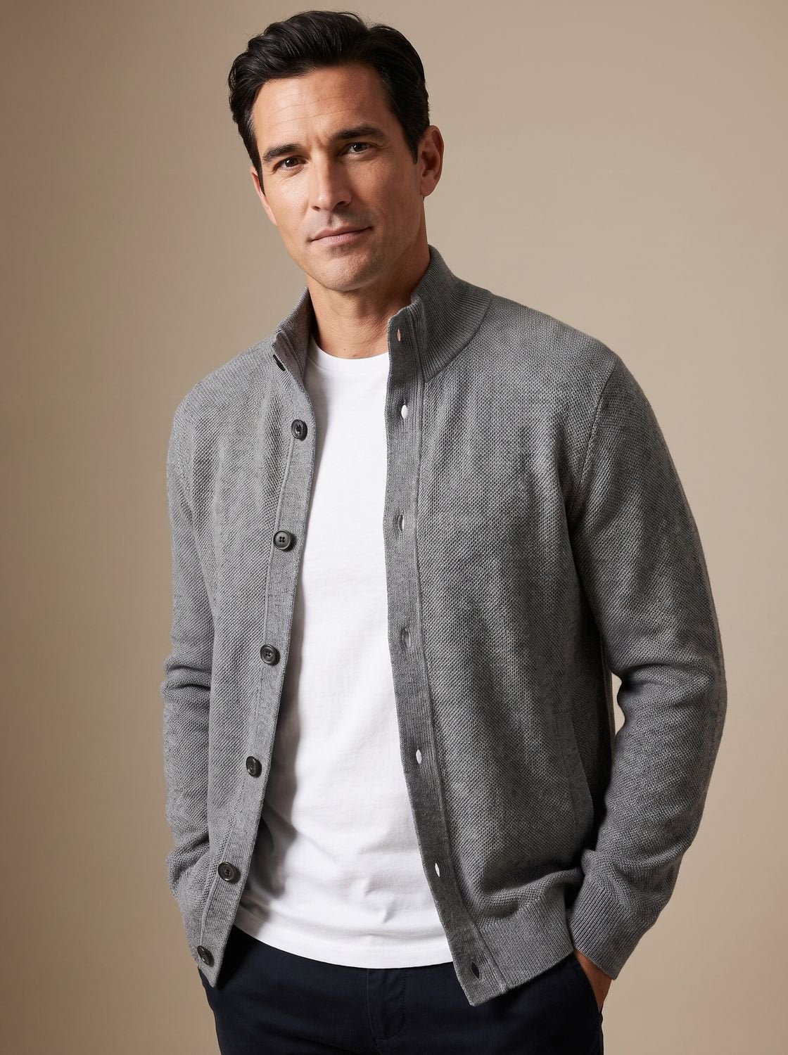 Lucas | Men's Textured Knit Button-Front Stand-Collar Cardigan