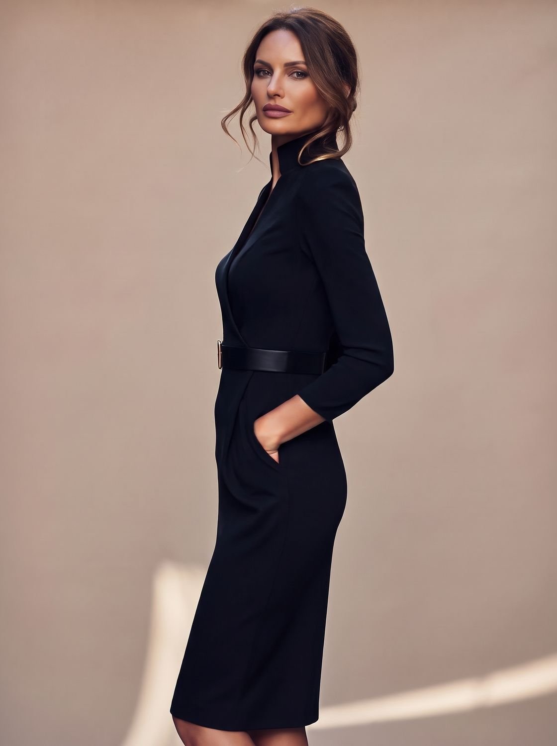 Luna | Women's Black Midi Dress V-Neck Belted Pencil Long-Sleeve