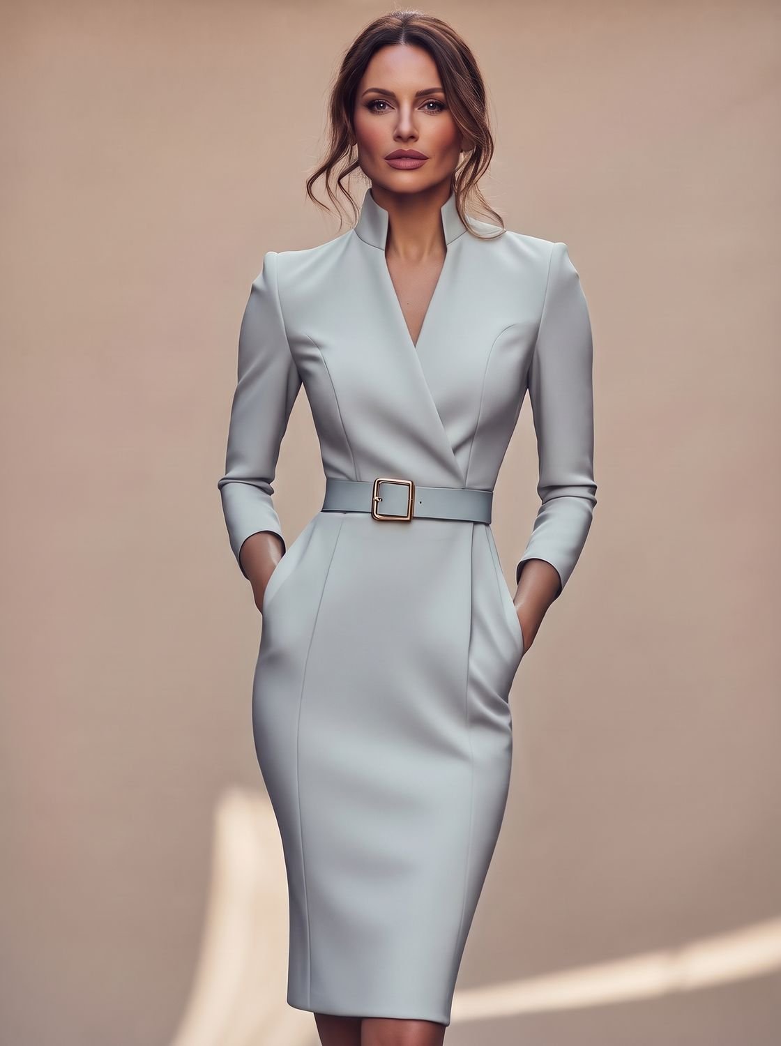 Luna | Women's Black Midi Dress V-Neck Belted Pencil Long-Sleeve