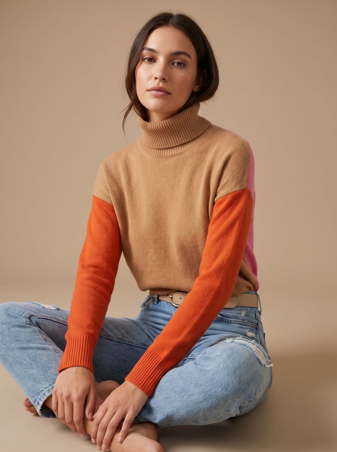 Luna | Women's Color Block Turtleneck Relaxed-Fit Pullover Sweater