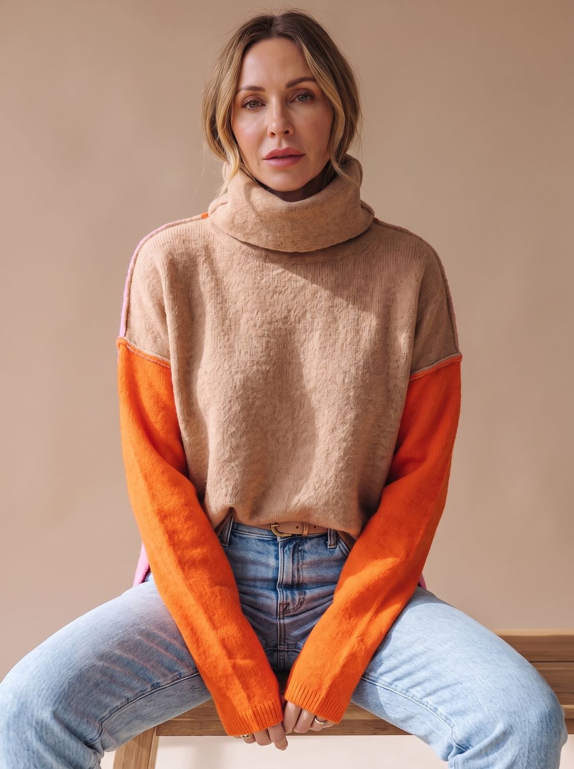 Luna | Women's Color Block Turtleneck Relaxed-Fit Pullover Sweater