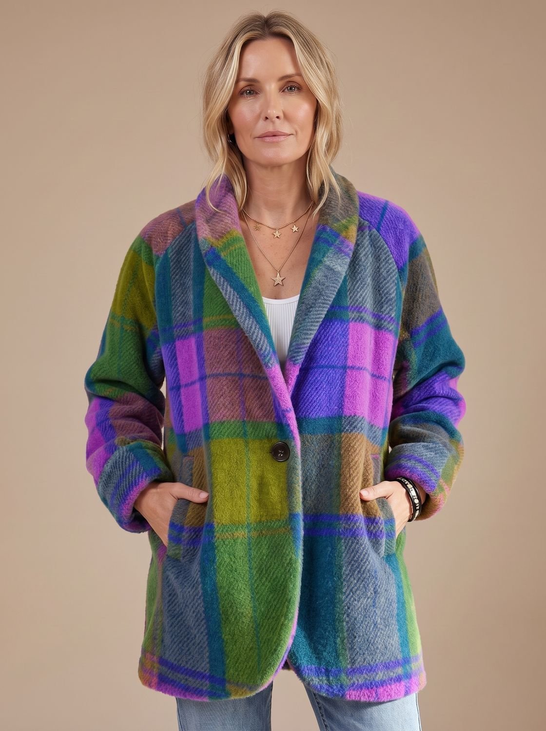 Madison | Women's Colorful Plaid Fleece Button-Front Coat with Pockets