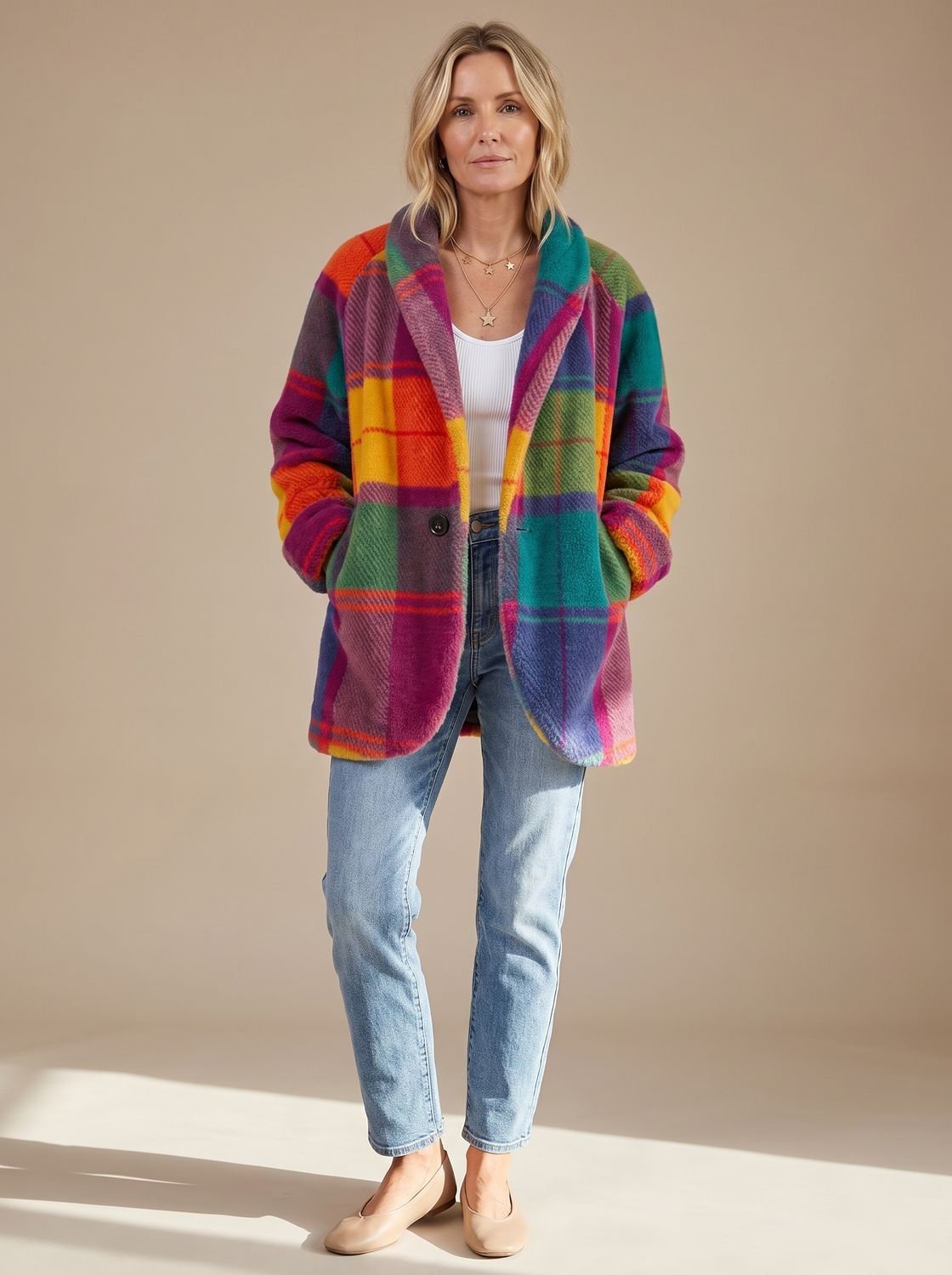 Madison | Women's Colorful Plaid Fleece Button-Front Coat with Pockets