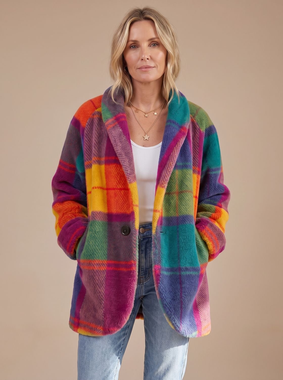 Madison | Women's Colorful Plaid Fleece Button-Front Coat with Pockets