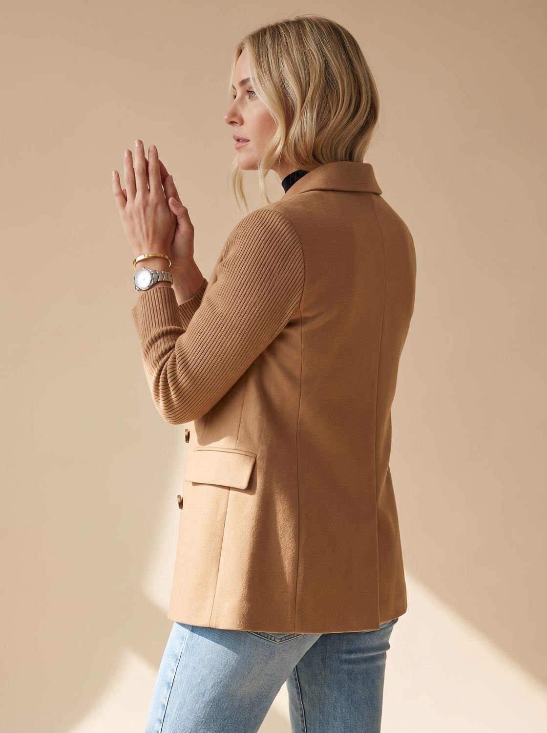 Madison | Women's Double-Breasted Knit-Sleeve Fitted Blazer