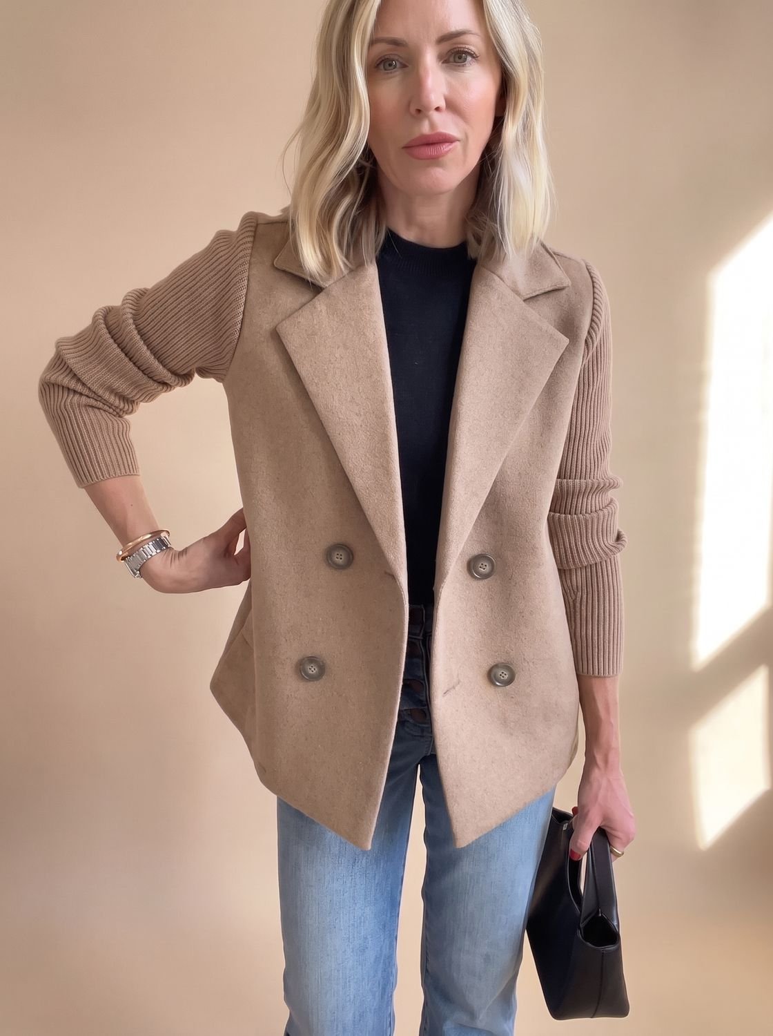 Madison | Women's Double-Breasted Knit-Sleeve Fitted Blazer