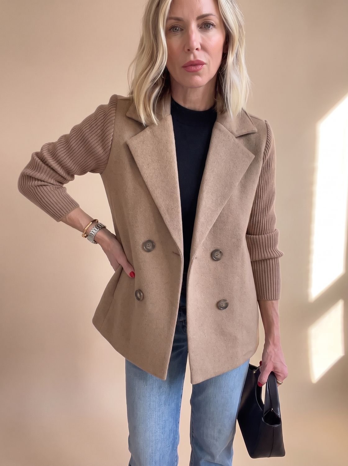 Madison | Women's Double-Breasted Knit-Sleeve Fitted Blazer