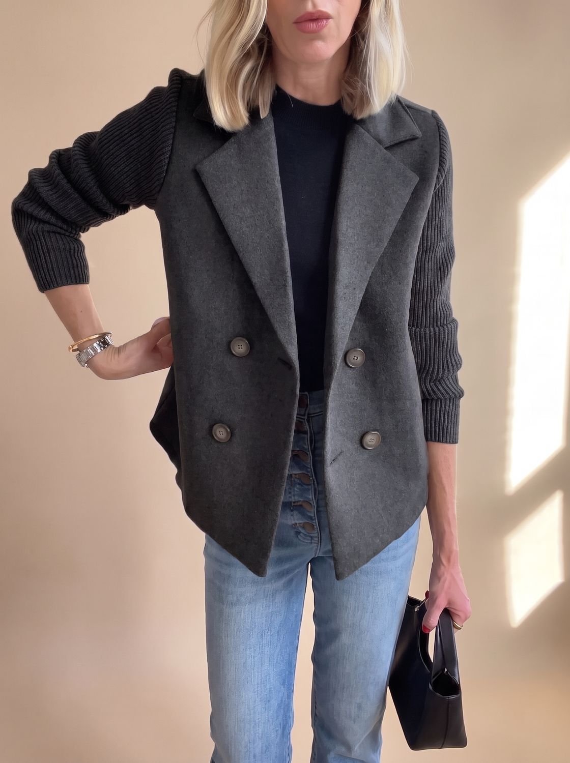 Madison | Women's Double-Breasted Knit-Sleeve Fitted Blazer