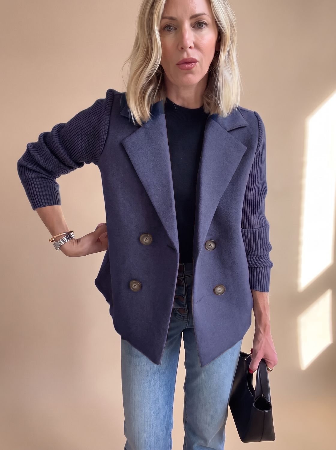 Madison | Women's Double-Breasted Knit-Sleeve Fitted Blazer