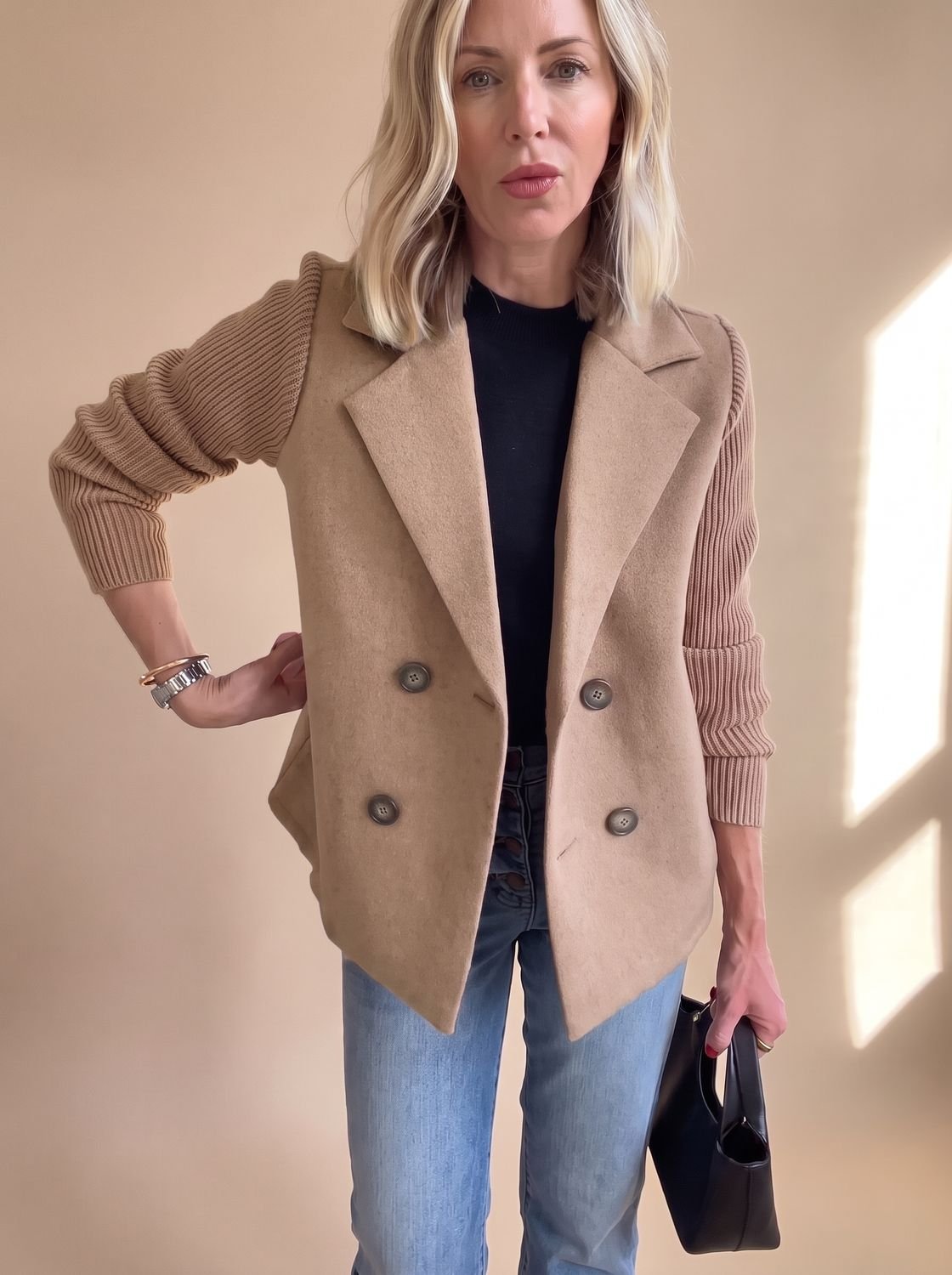 Madison | Women's Double-Breasted Knit-Sleeve Fitted Blazer